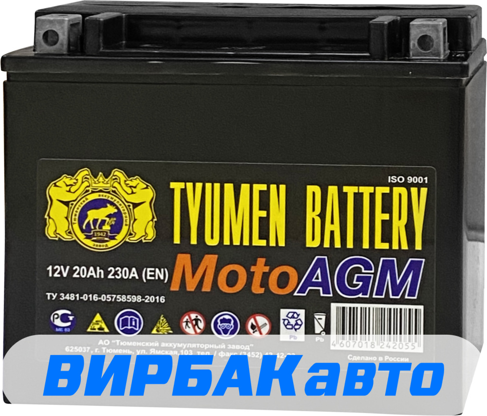 Аккумулятор TYUMEN BATTERY 6МТС-20 AGM 20 Ач 230 А обратная полярность,  болт, 2023 г.